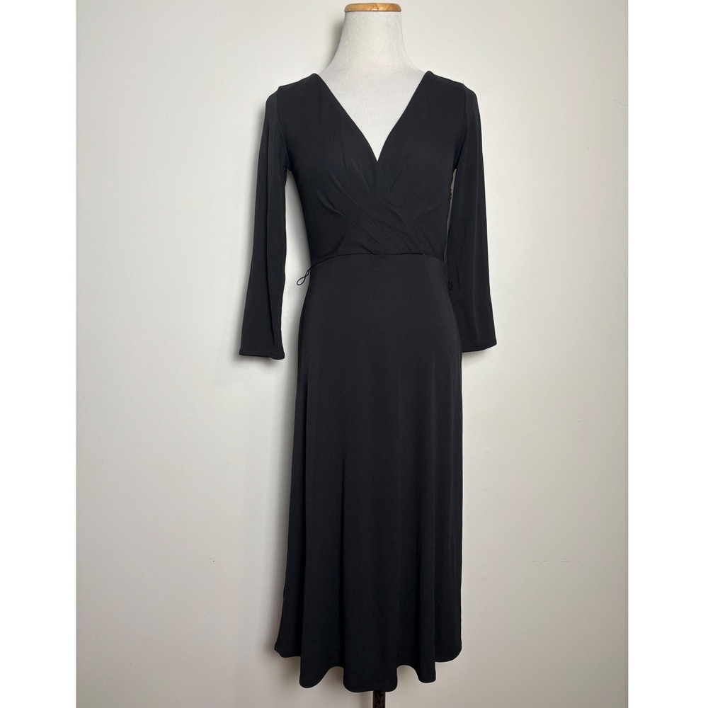 Ann Taylor LOFT Black Faux Wrap Midi Dress Size 2 Minimalist Classic Career LBD